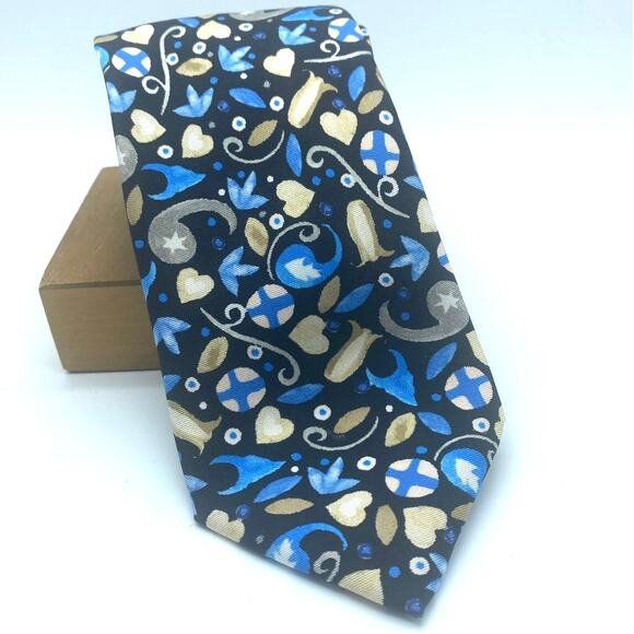 Christian Lacroix 100% silk Tie  Navy Blue Tan, light blue flowers abstract lady - Picture 1 of 8